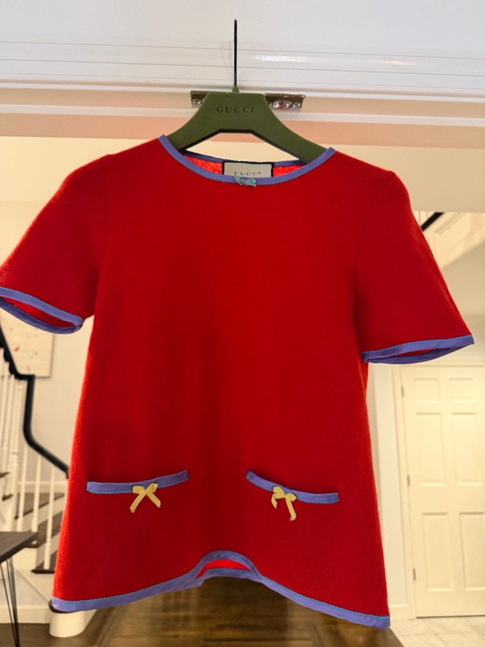 Gucci Bright Red Short Sleeve Knit Top with Lavender Trim and Mint Bow